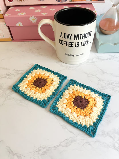 Set of 2 OR 4 Sunflower Square handmade crochet coasters, flower coasters handmade crochet gifts, set of coasters, handmade crochet decor