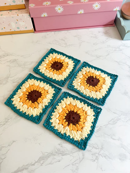 Set of 2 OR 4 Sunflower Square handmade crochet coasters, flower coasters handmade crochet gifts, set of coasters, handmade crochet decor