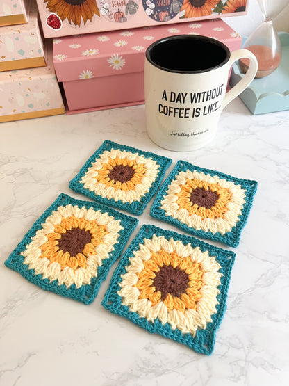 Set of 2 OR 4 Sunflower Square handmade crochet coasters, flower coasters handmade crochet gifts, set of coasters, handmade crochet decor
