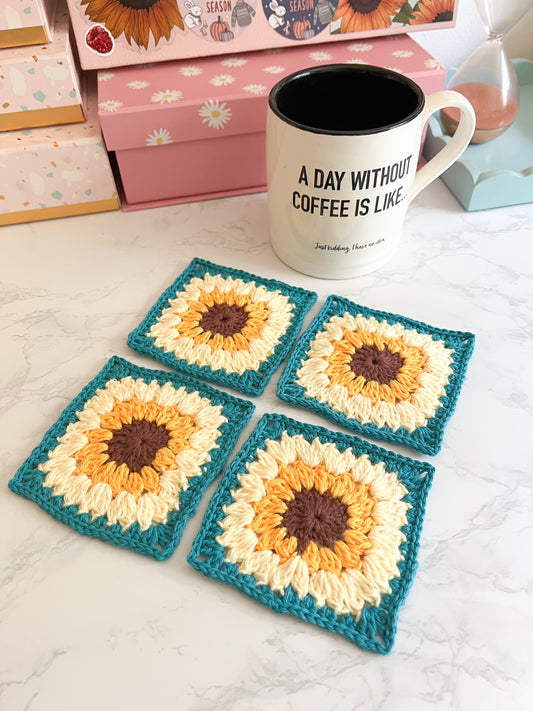 Set of 2 OR 4 Sunflower Square handmade crochet coasters, flower coasters handmade crochet gifts, set of coasters, handmade crochet decor