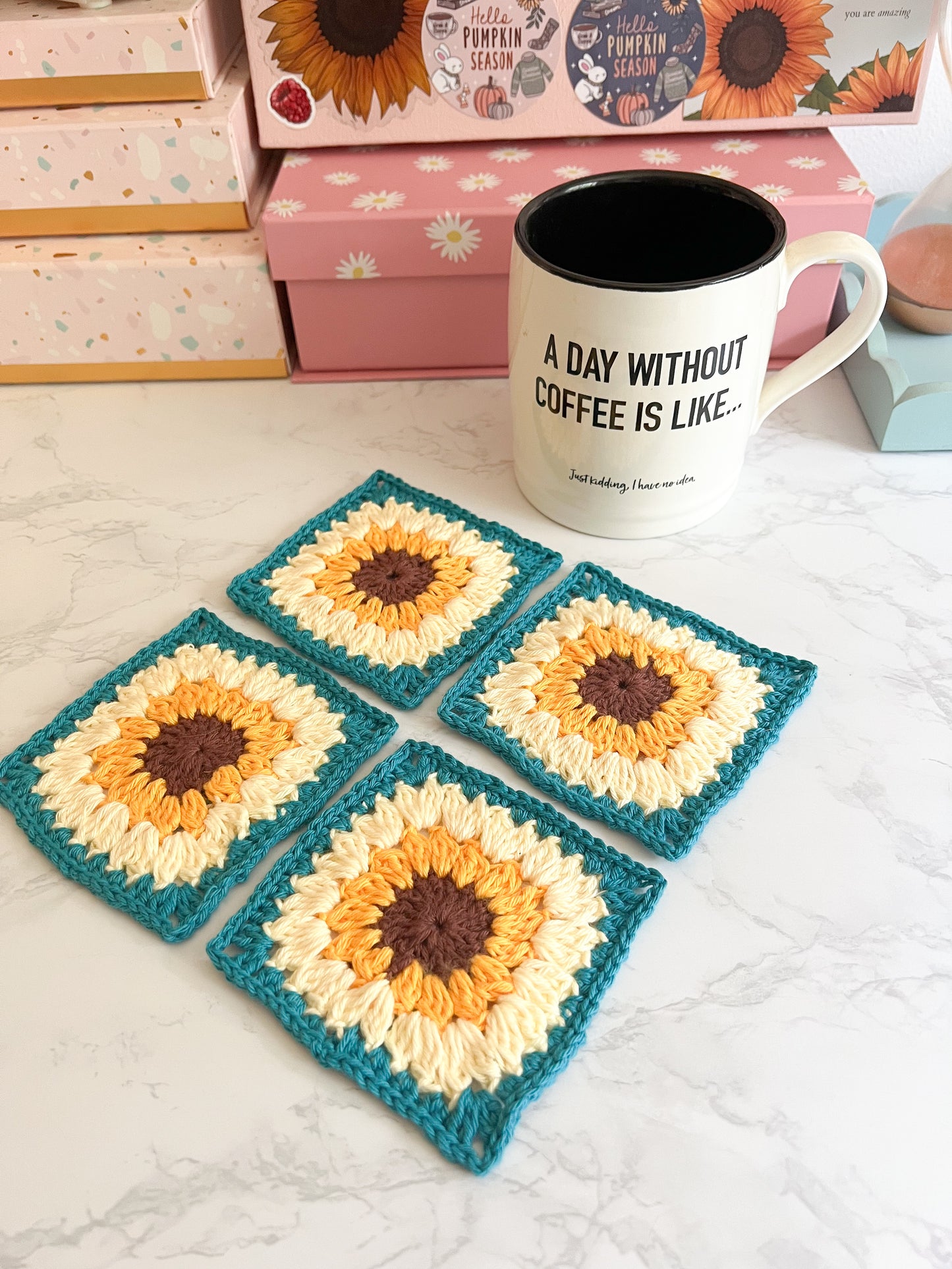 Set of 2 OR 4 Sunflower Square handmade crochet coasters, flower coasters handmade crochet gifts, set of coasters, handmade crochet decor