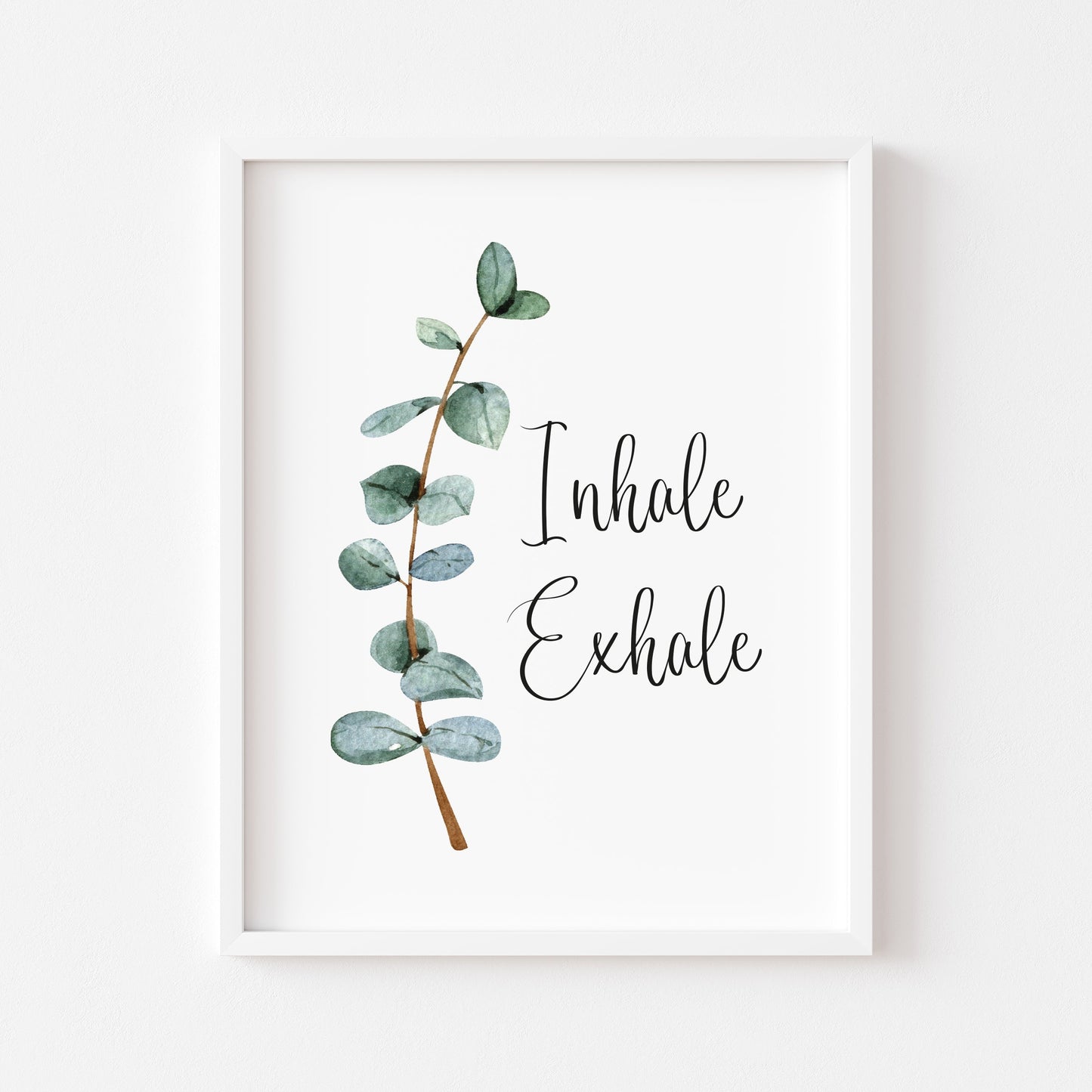 Inhale Exhale green blue eucalyptus botanical stem watercolour bathroom toilet unframed wall art poster print