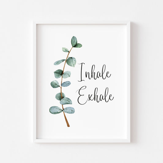 Inhale Exhale green blue eucalyptus botanical stem watercolour bathroom toilet unframed wall art poster print