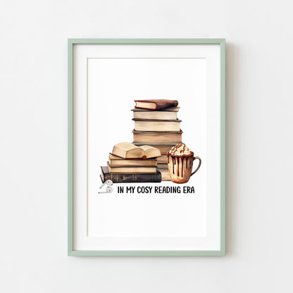 Book print, In my Book Era cosy reading book air pods hot drink Lover Wall Art (unframed)