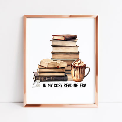 Book print, In my Book Era cosy reading book air pods hot drink Lover Wall Art (unframed)