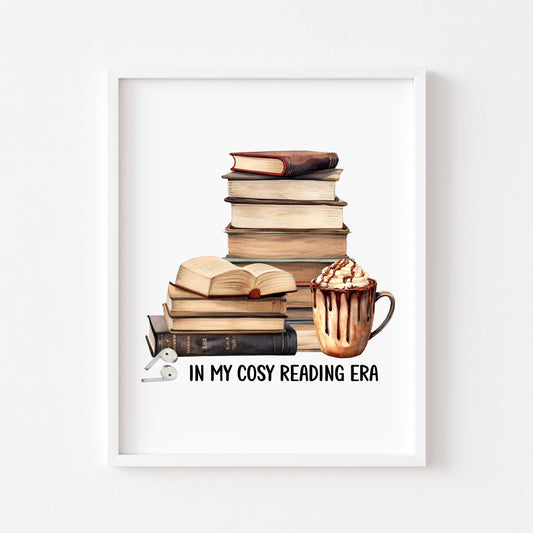 Book print, In my Book Era cosy reading book air pods hot drink Lover Wall Art (unframed)