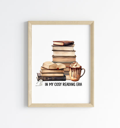 Book print, In my Book Era cosy reading book air pods hot drink Lover Wall Art (unframed)