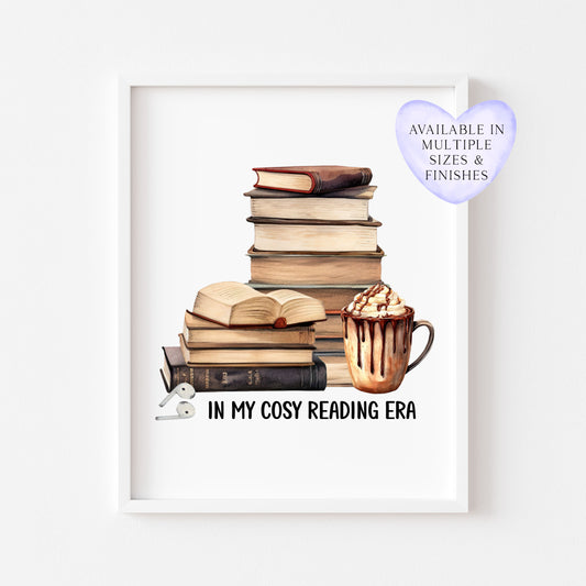 Book print, In my Book Era cosy reading book air pods hot drink Lover Wall Art (unframed)