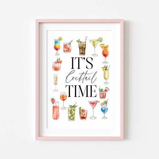 It's cocktail time, bar alcohol cocktails drinks watercolour alcohol illustrations unframed wall art poster print