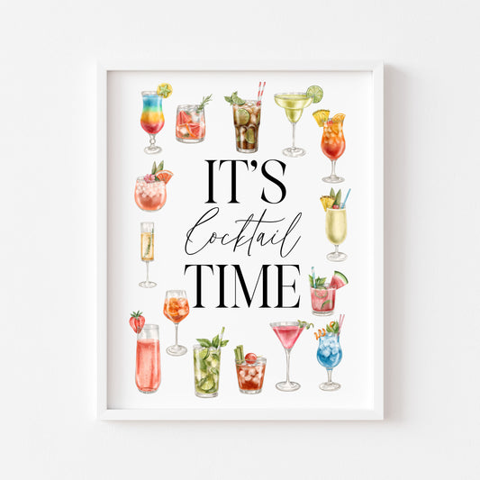 It's cocktail time, bar alcohol cocktails drinks watercolour alcohol illustrations unframed wall art poster print