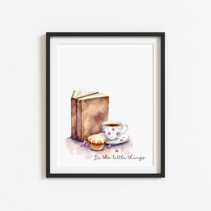 Book Lover Print, Coffee Cup Watercolour Art, Cosy Bookish Wall Decor (unframed)