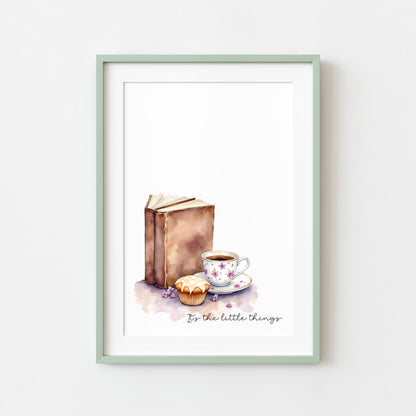Book Lover Print, Coffee Cup Watercolour Art, Cosy Bookish Wall Decor (unframed)
