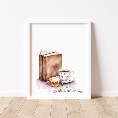 Book Lover Print, Coffee Cup Watercolour Art, Cosy Bookish Wall Decor (unframed)