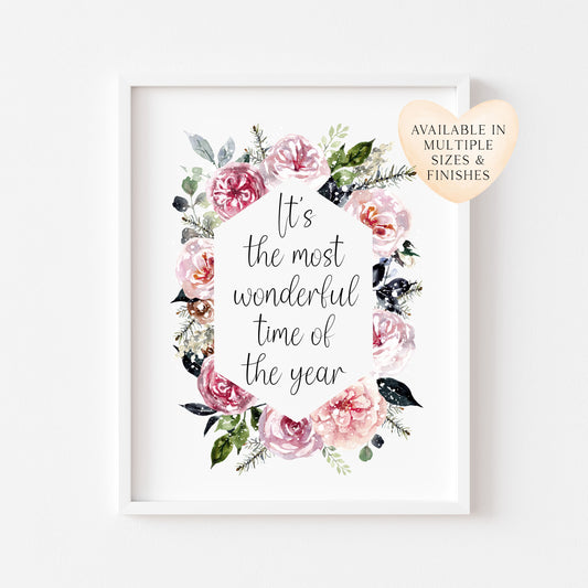 Christmas Print Watercolour pink navy snowy winter wreath seasonal holiday home Wall Art (unframed)