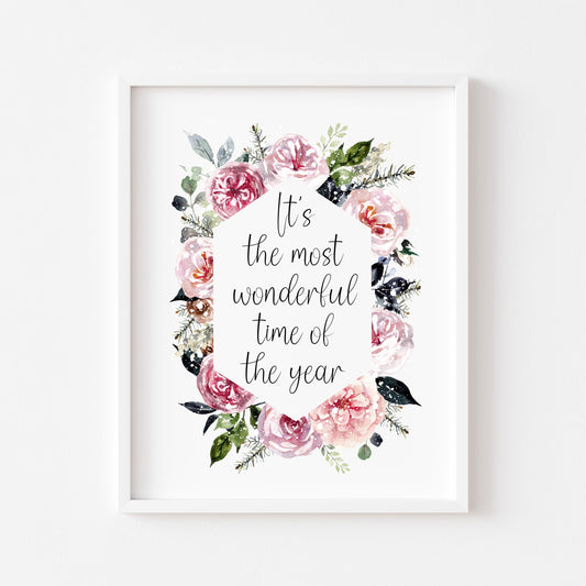 Christmas Print Watercolour pink navy snowy winter wreath seasonal holiday home Wall Art (unframed)