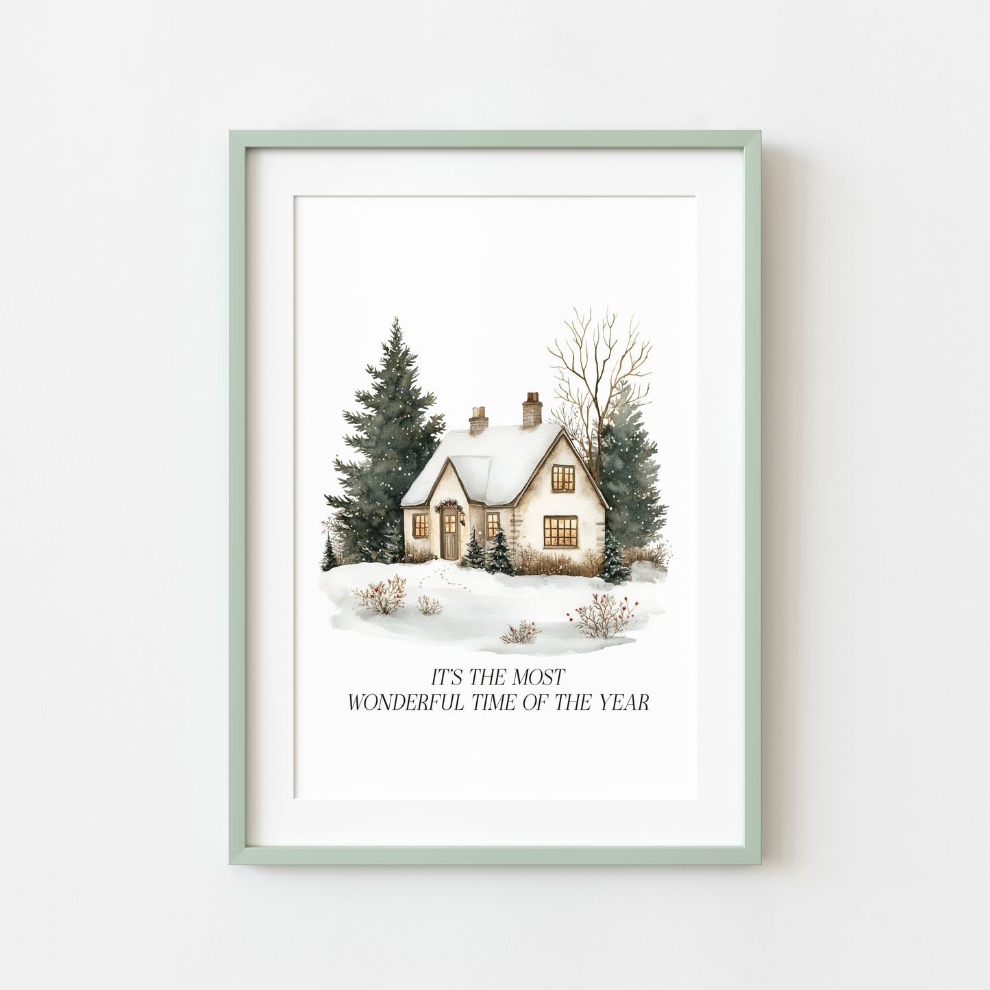 Christmas Print, Green white xmas scenery home xmas landscape Wall Art (unframed)