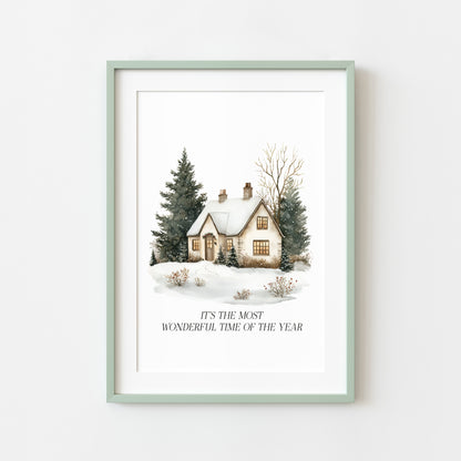 Christmas Print, Green white xmas scenery home xmas landscape Wall Art (unframed)