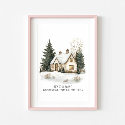 Christmas Print, Green white xmas scenery home xmas landscape Wall Art (unframed)