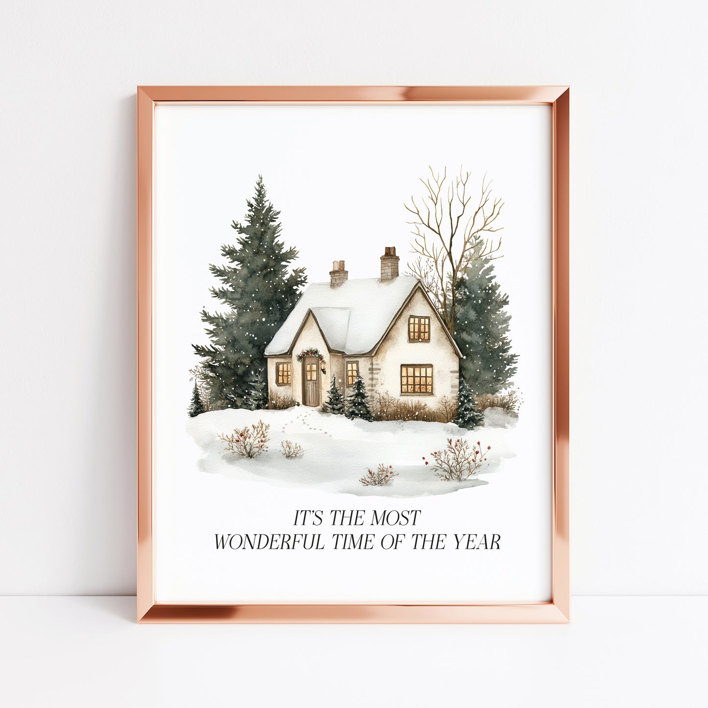 Christmas Print, Green white xmas scenery home xmas landscape Wall Art (unframed)