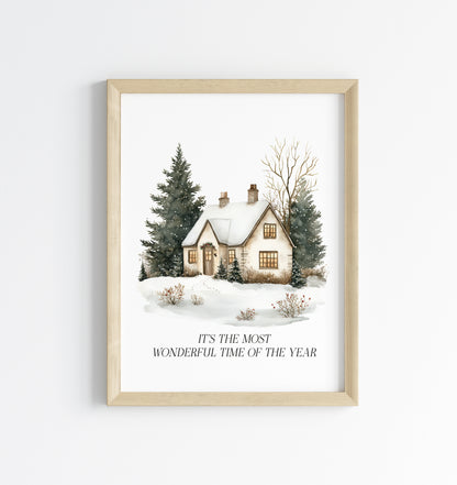 Christmas Print, Green white xmas scenery home xmas landscape Wall Art (unframed)