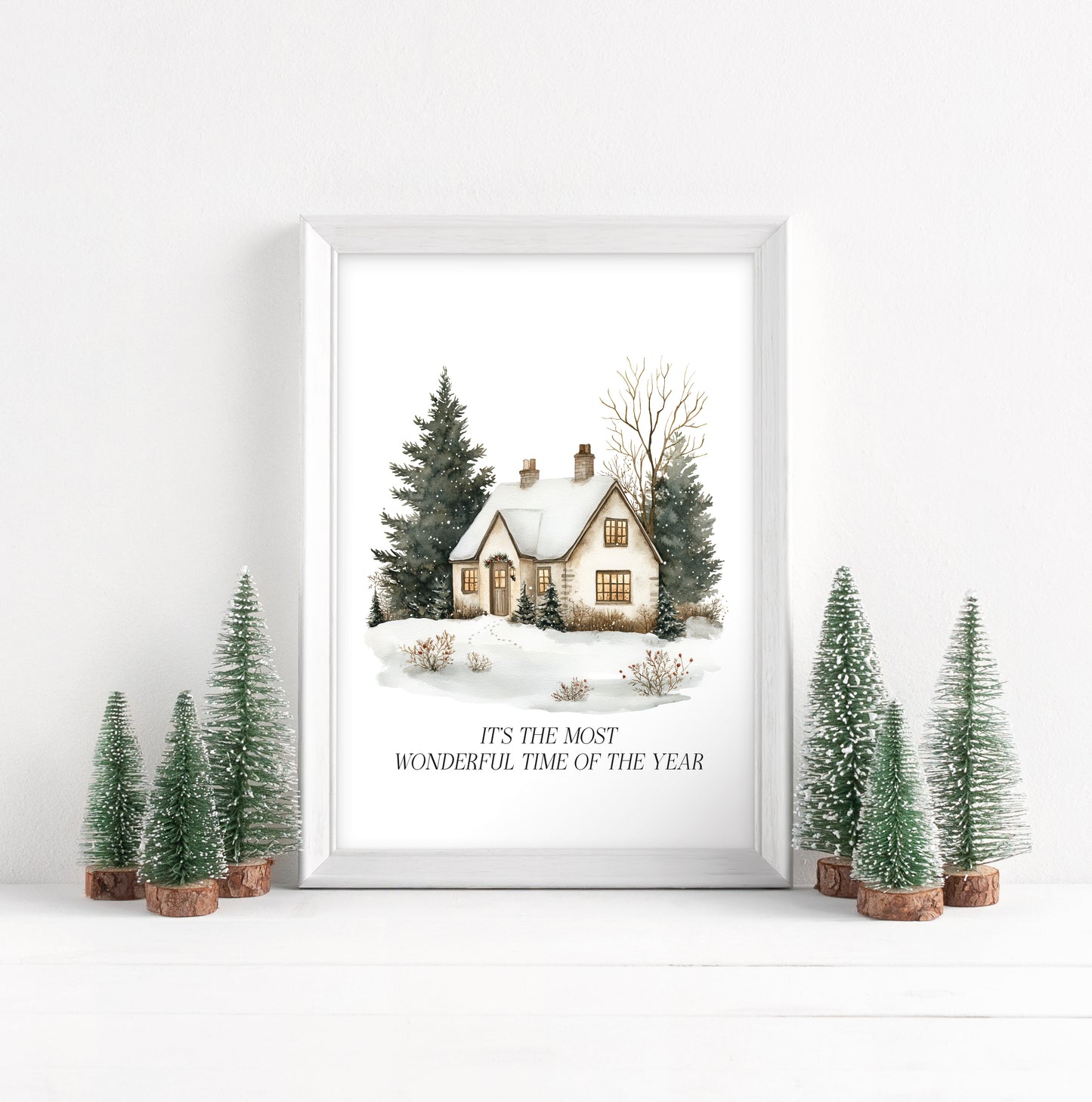 Christmas Print, Green white xmas scenery home xmas landscape Wall Art (unframed)