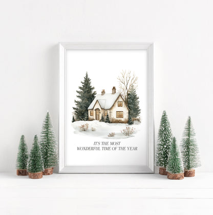 Christmas Print, Green white xmas scenery home xmas landscape Wall Art (unframed)