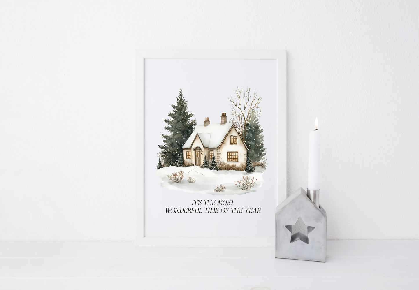 Christmas Print, Green white xmas scenery home xmas landscape Wall Art (unframed)