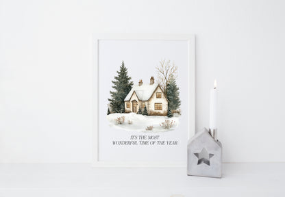 Christmas Print, Green white xmas scenery home xmas landscape Wall Art (unframed)