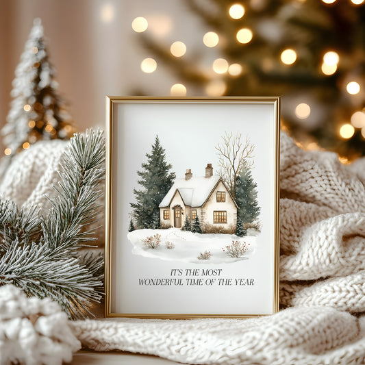 Christmas Print, Green white xmas scenery home xmas landscape Wall Art (unframed)