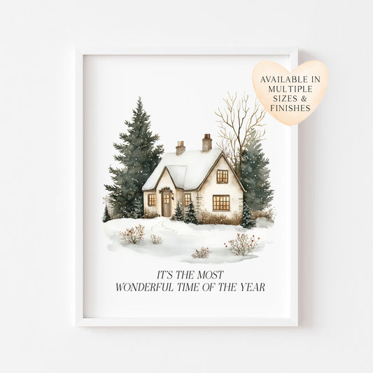 Christmas Print, Green white xmas scenery home xmas landscape Wall Art (unframed)