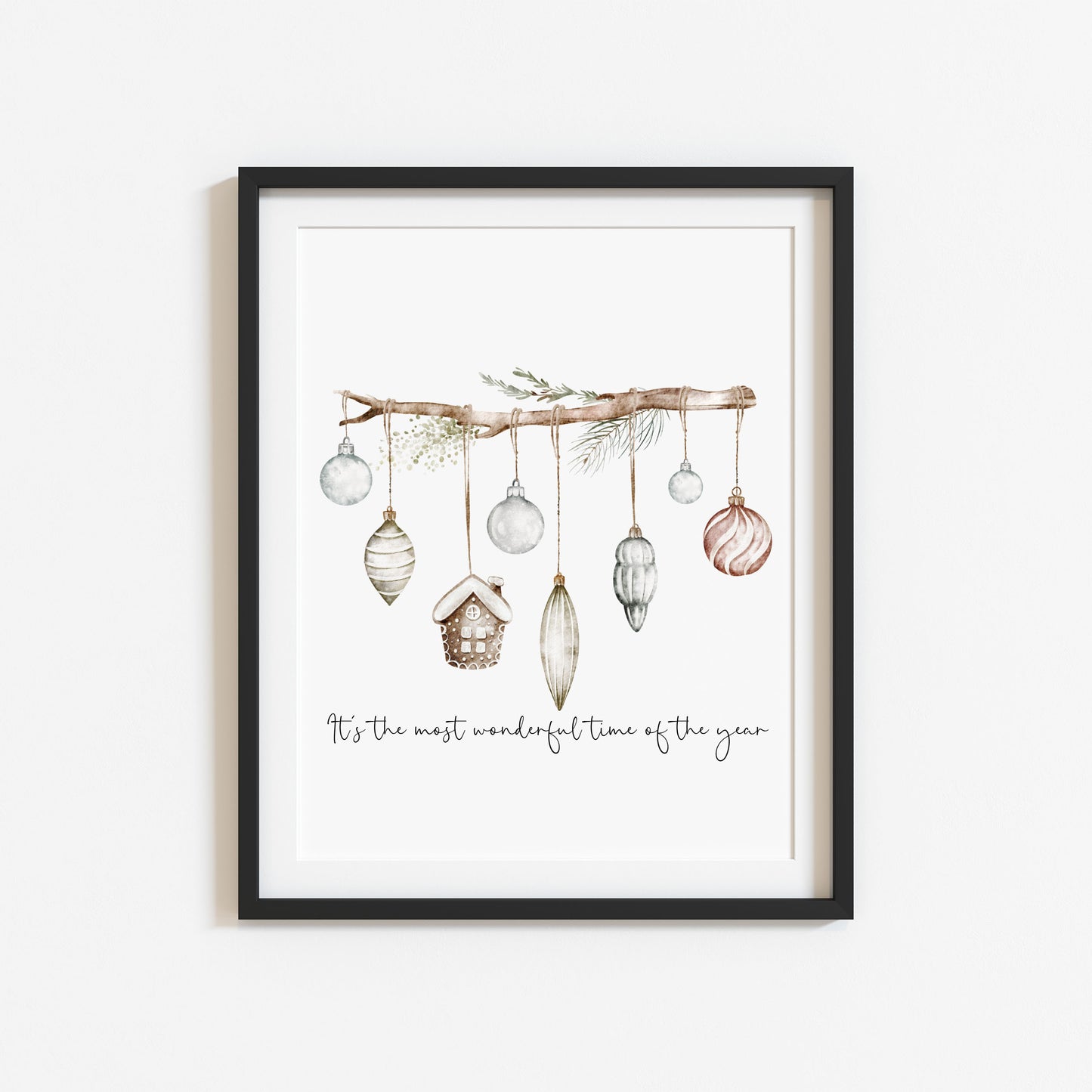 Christmas Print Watercolour Green white red hanging decorations Wall Art (unframed)