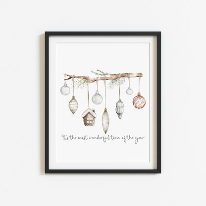 Christmas Print Watercolour Green white red hanging decorations Wall Art (unframed)