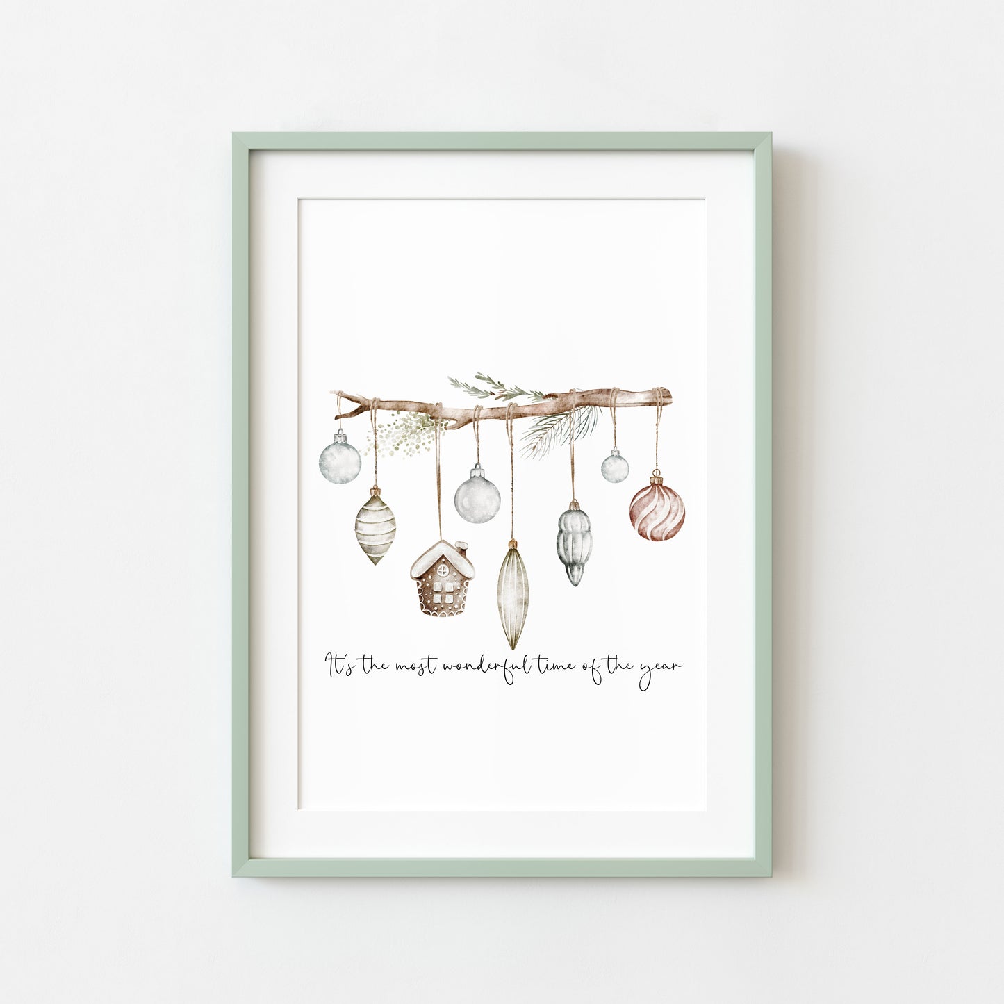 Christmas Print Watercolour Green white red hanging decorations Wall Art (unframed)