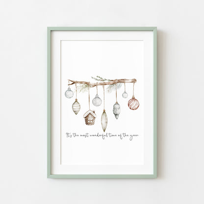 Christmas Print Watercolour Green white red hanging decorations Wall Art (unframed)