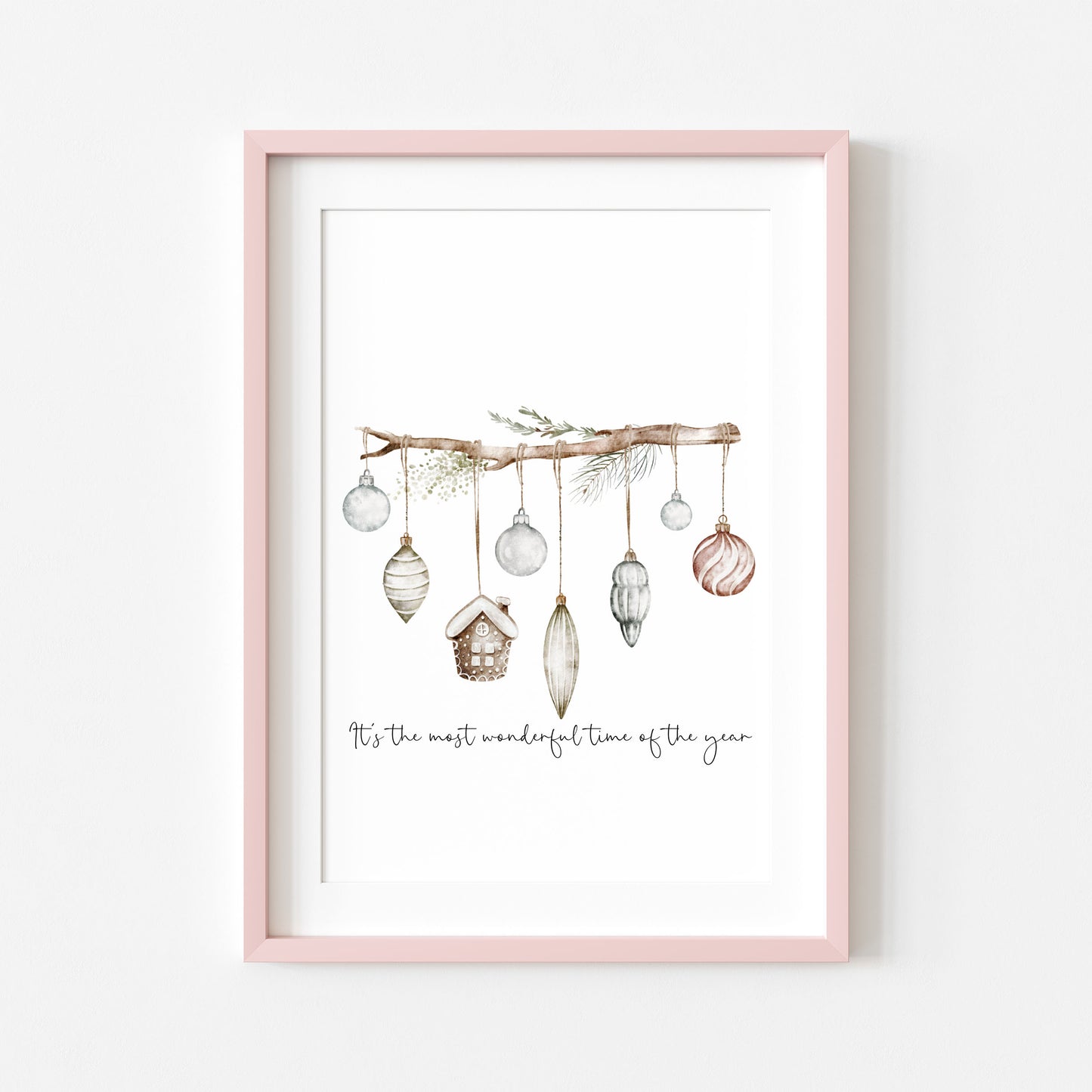 Christmas Print Watercolour Green white red hanging decorations Wall Art (unframed)