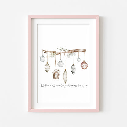 Christmas Print Watercolour Green white red hanging decorations Wall Art (unframed)