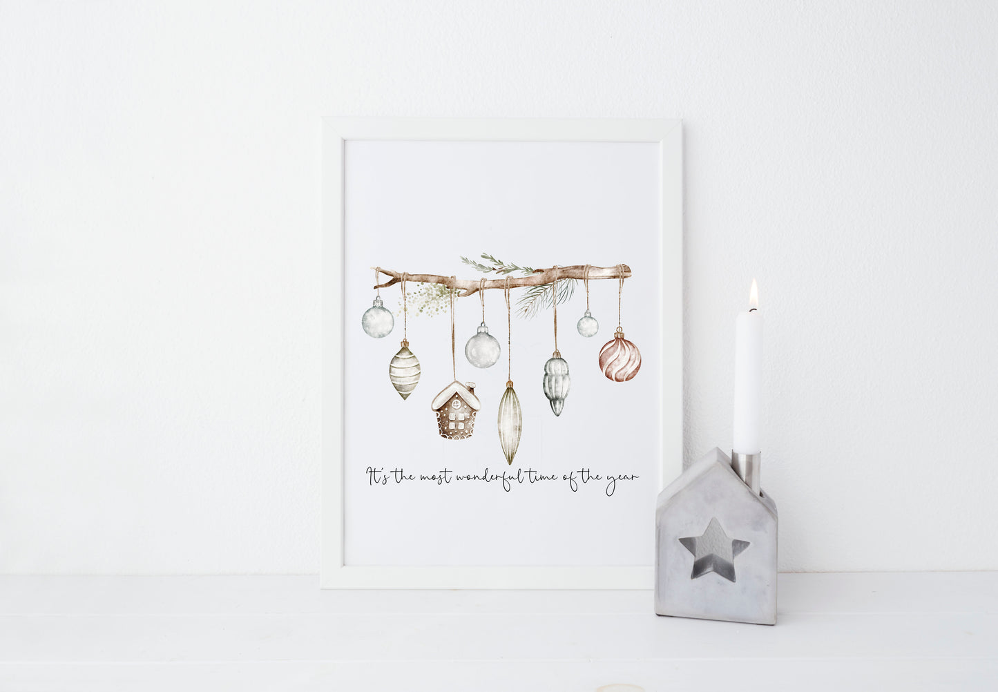 Christmas Print Watercolour Green white red hanging decorations Wall Art (unframed)