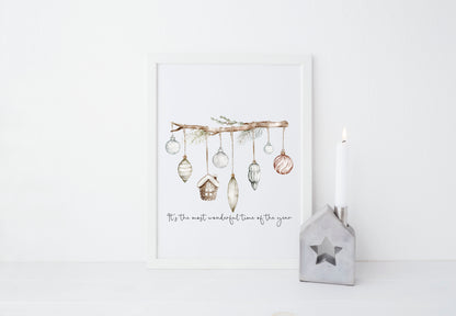 Christmas Print Watercolour Green white red hanging decorations Wall Art (unframed)