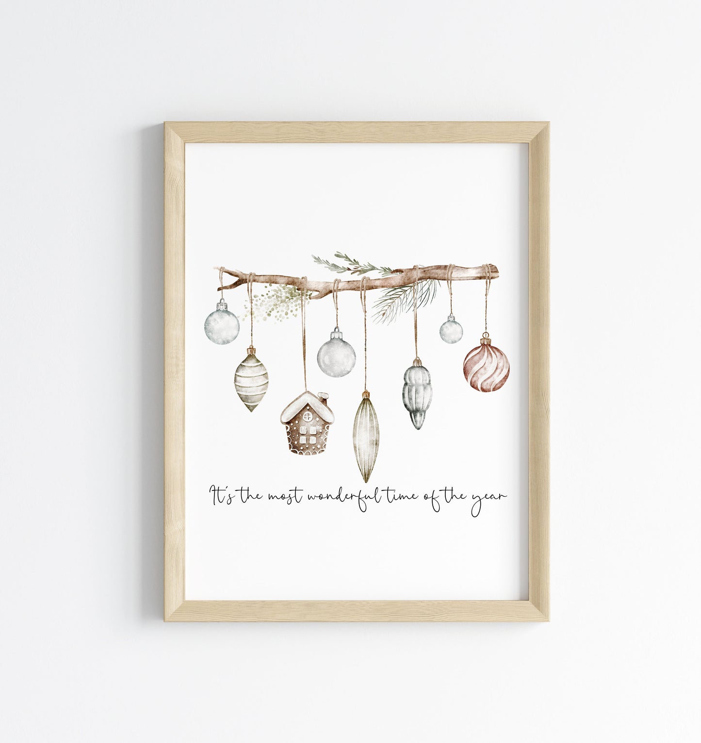 Christmas Print Watercolour Green white red hanging decorations Wall Art (unframed)