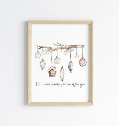 Christmas Print Watercolour Green white red hanging decorations Wall Art (unframed)