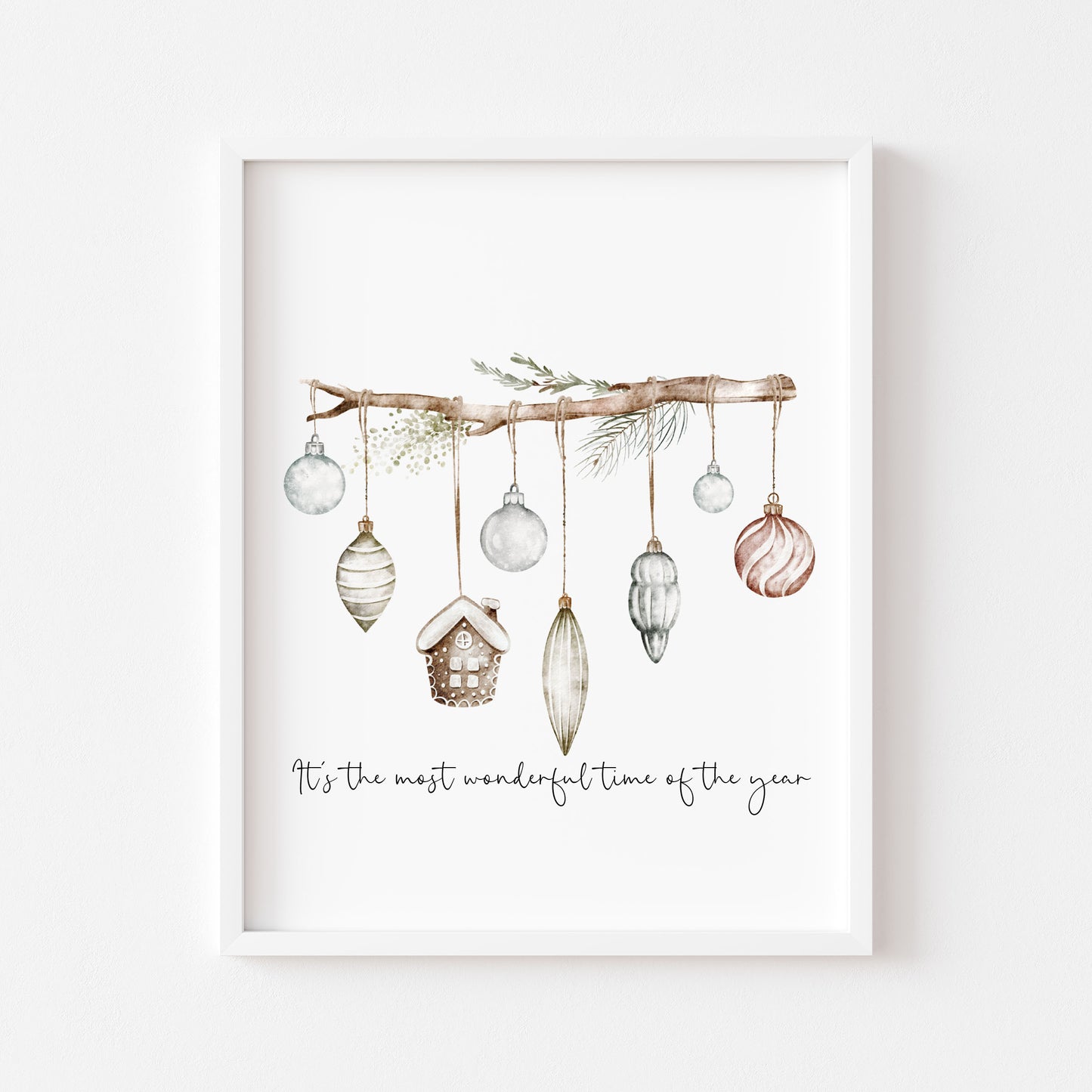 Christmas Print Watercolour Green white red hanging decorations Wall Art (unframed)