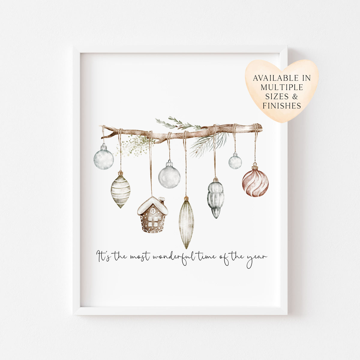 Christmas Print Watercolour Green white red hanging decorations Wall Art (unframed)
