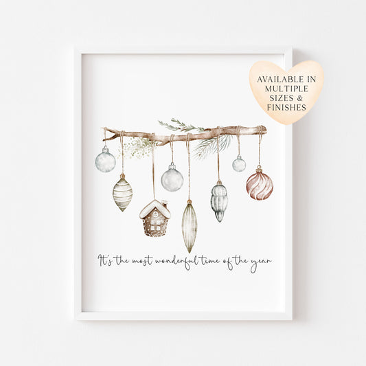Christmas Print Watercolour Green white red hanging decorations Wall Art (unframed)