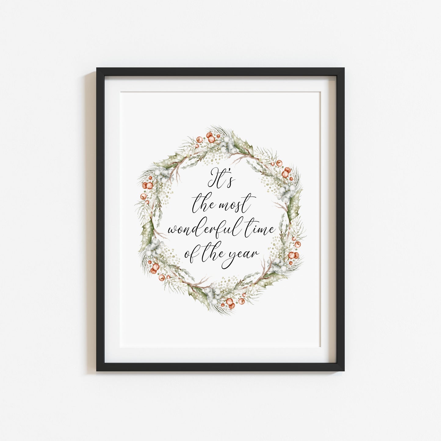 Christmas Print Watercolour Green white red wreath Seasonal Wall Art (unframed)