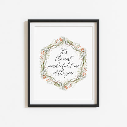 Christmas Print Watercolour Green white red wreath Seasonal Wall Art (unframed)