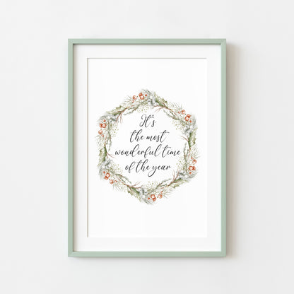 Christmas Print Watercolour Green white red wreath Seasonal Wall Art (unframed)