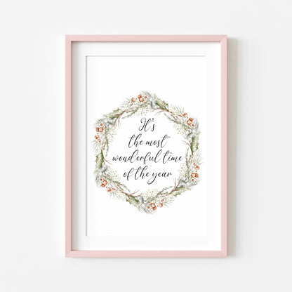 Christmas Print Watercolour Green white red wreath Seasonal Wall Art (unframed)