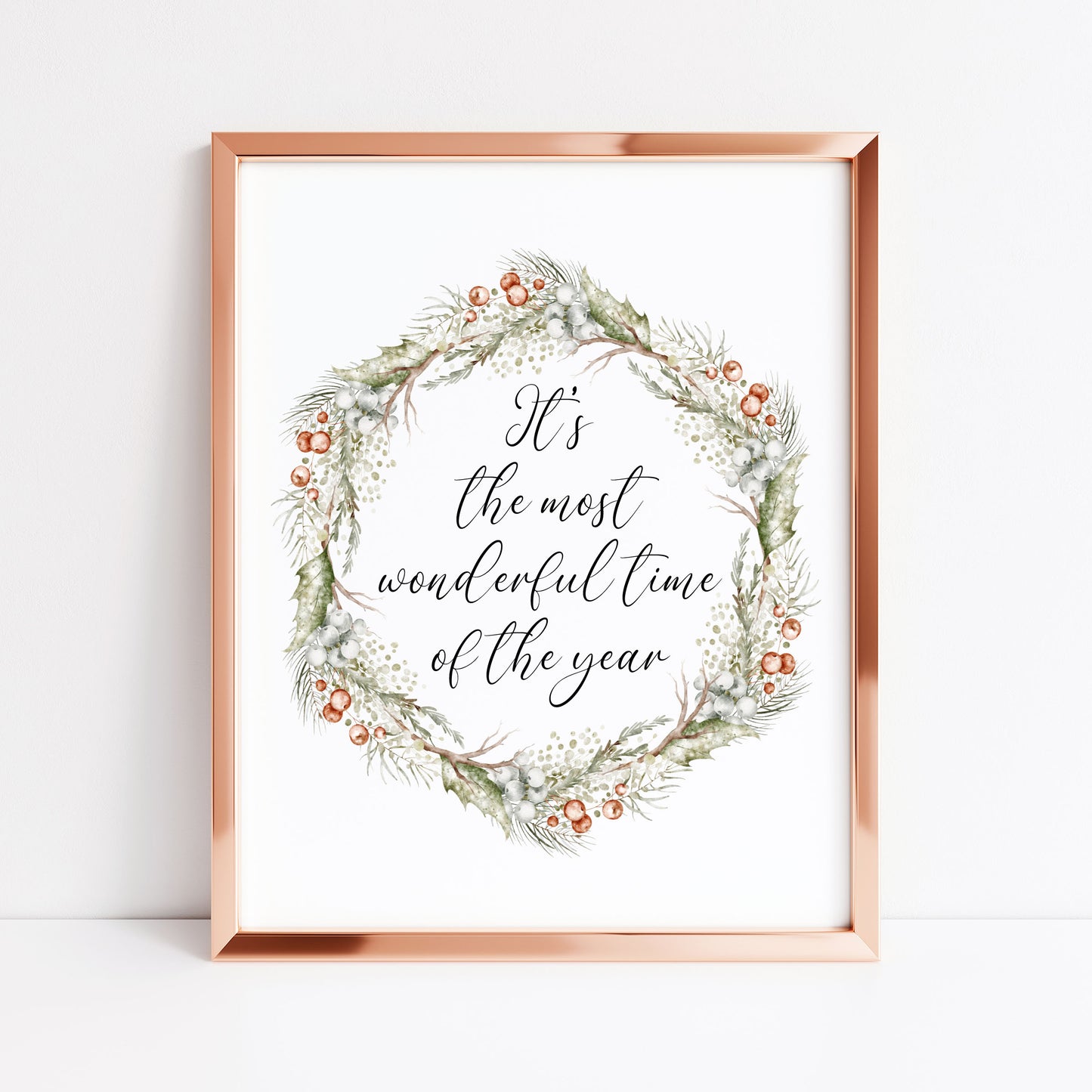 Christmas Print Watercolour Green white red wreath Seasonal Wall Art (unframed)