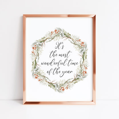 Christmas Print Watercolour Green white red wreath Seasonal Wall Art (unframed)