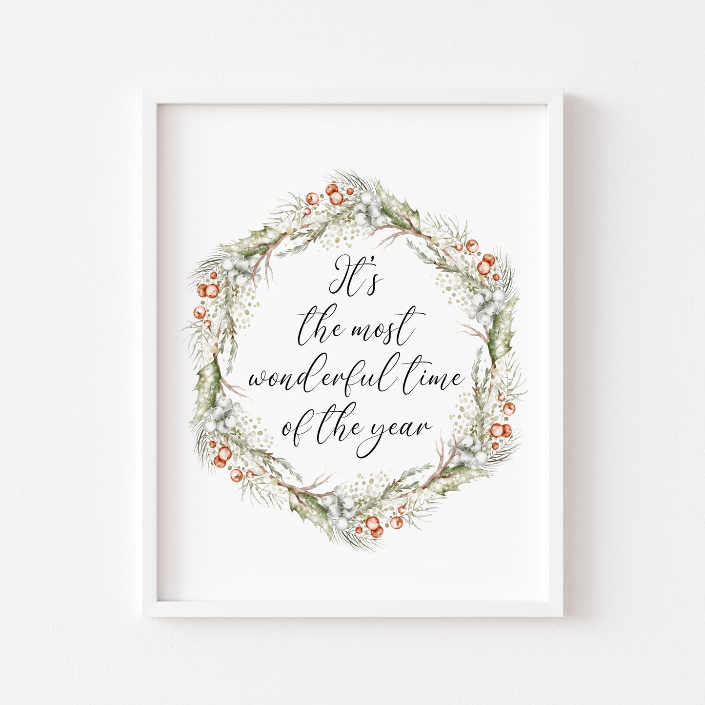 Christmas Print Watercolour Green white red wreath Seasonal Wall Art (unframed)